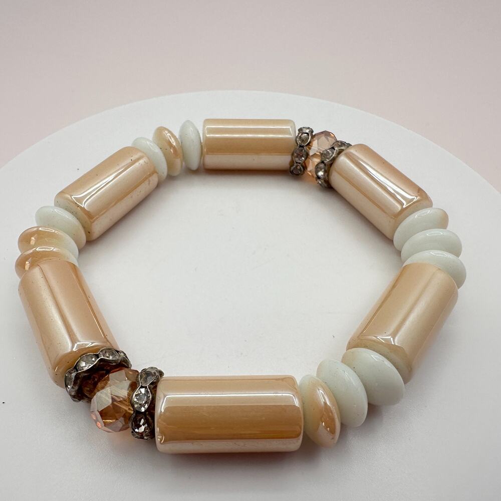Vintage 90s Silver Tone Peach & White Beaded Rhinestone Bracelet Women's Jewelry